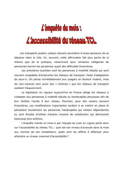 Couverture – L’accessibilité du réseau TCL