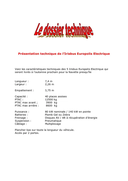 Couverture – Présentation technique de l’Irisbus Europolis électrique